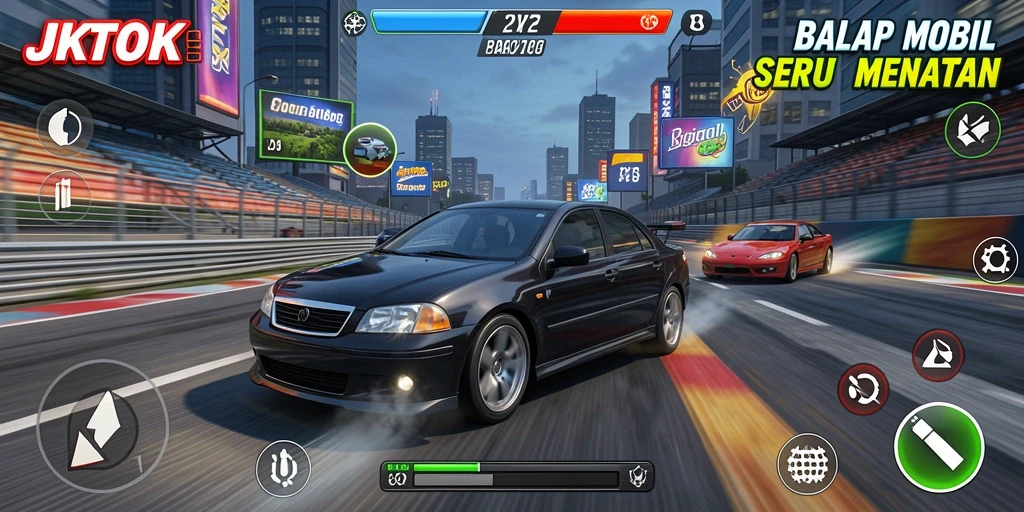 Tangkapan layar gameplay JKTOK menampilkan aksi balap yang intens.