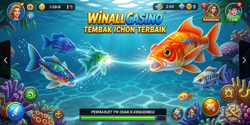 Screenshot gameplay <strong>WINALLCASINO</strong> menampilkan aksi menembak ikan yang seru.